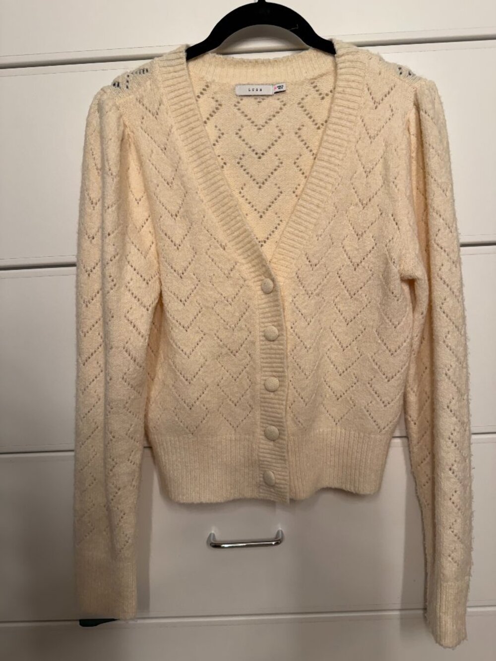 Lush Cream Pointelle Button Front Cardigan Puff Sleeve Sweater, Size Medium